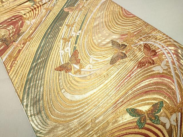 平和屋着物◎六通柄袋帯 流水舞蝶文 金糸 正絹 逸品 CAAT2026yk