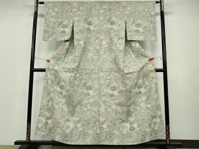 平和屋着物▽生紬 単衣 草花尽くし 正絹 逸品 CAAT4114ut
