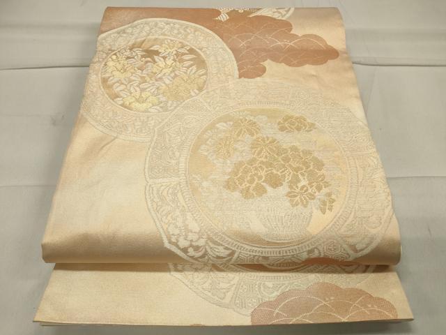 平和屋着物◎六通柄袋帯 雲取り絵皿花文 金糸 正絹 逸品 CAAT4751in