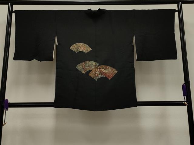 平和屋着物∞羽織 寿光織 地紙孔雀花文 黒地 金銀糸 正絹 逸品 CAAT5717id