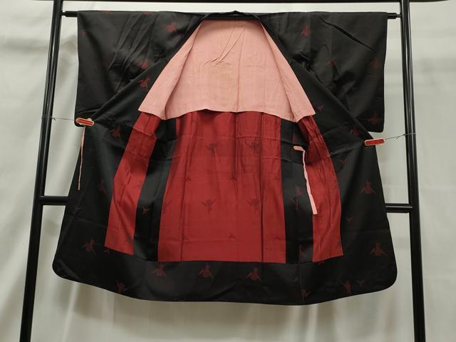 平和屋着物▽道行コート 単衣 折り鶴 黒地 ロング丈 正絹 逸品 CAAT5868id