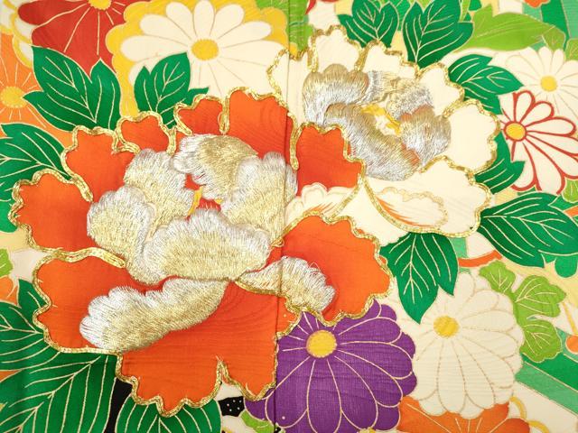 平和屋着物∵女の子 十三参り 子供 祝着・襦袢セット 駒刺繍 花車亀甲菊文 金彩 逸品 CAAT6094ze