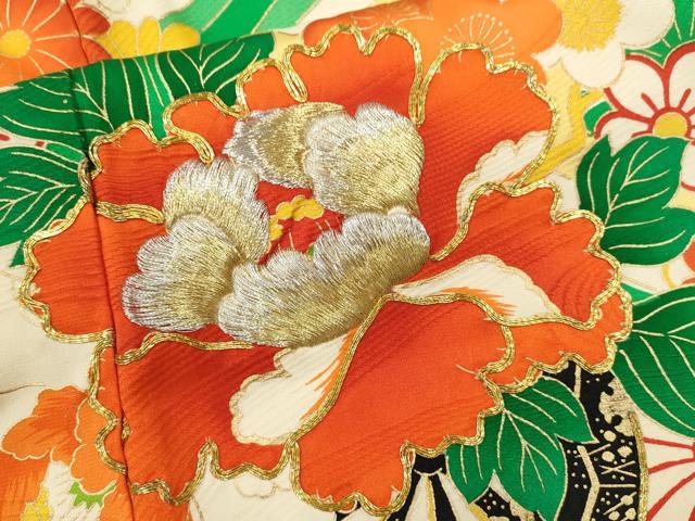 平和屋着物∵女の子 十三参り 子供 祝着・襦袢セット 駒刺繍 花車亀甲菊文 金彩 逸品 CAAT6094ze