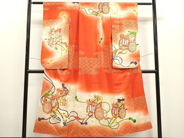 平和屋着物∵女の子 十三参り 子供 祝着 駒刺繍 御所車エ霞青海波花文 暈し染め 金彩 逸品 CAAT6276ze