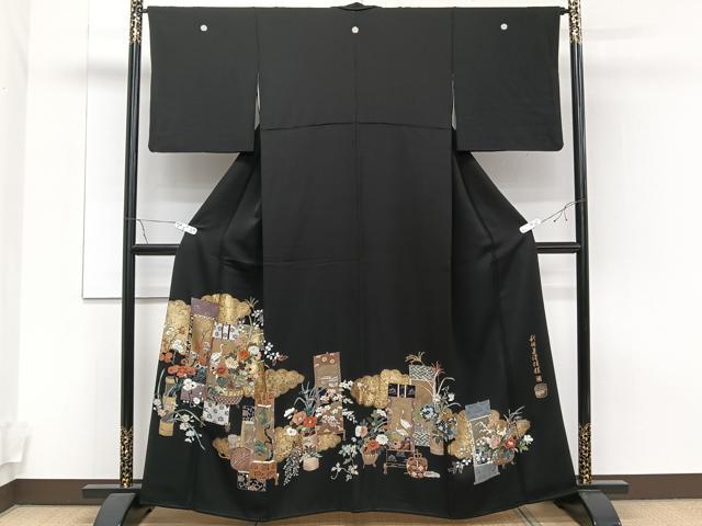 C26 正絹 留袖 祇園祭絵図 本金使用 落款 着物 平和屋着物□豪華黒留袖 作家物 駒刺繍 雲取り花鳥文 金彩