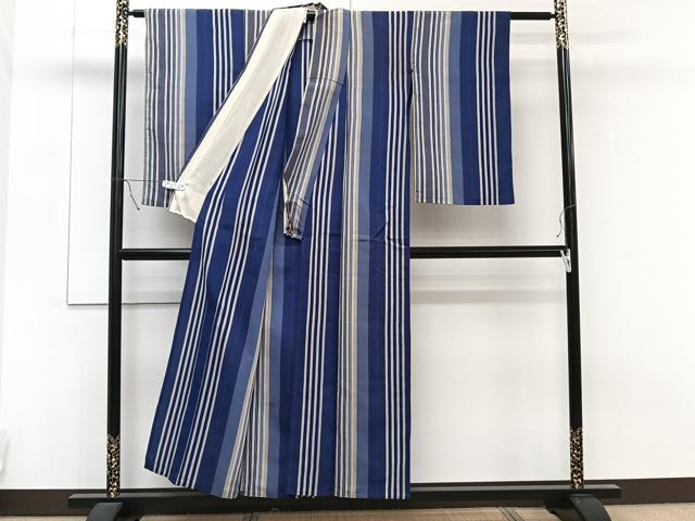 平和屋着物▽上質なお召 単衣 縞 正絹 逸品 CAAT6571xi