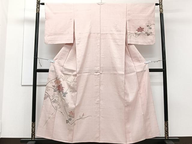 平和屋着物▽訪問着 単衣 紬地 枝花文 銀彩 正絹 逸品 CAAT6613xi