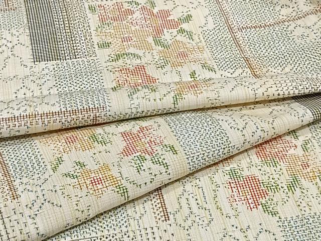 平和屋着物▽上質な紬 単衣 色紙草花文 正絹 逸品 CAAT6622xi