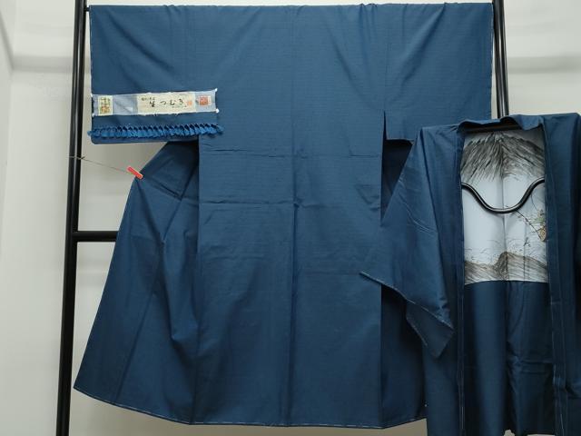 平和屋着物●男性 生つむぎ アンサンブル 濃紺色 証紙付き 正絹 逸品 未使用 CAAT6825vf