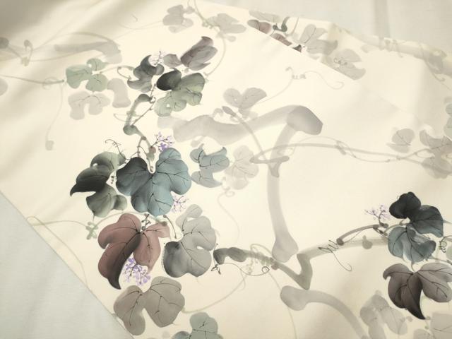 平和屋着物●塩瀬 九寸名古屋帯 作家物 手描き 葡萄蔦の葉文 正絹 逸品 CAAT8093hy