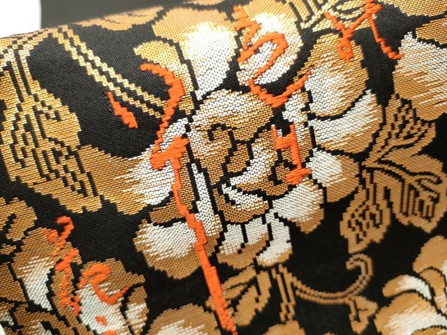 平和屋着物●六通柄袋帯 詩歌 花唐草文 黒地 金糸 正絹 逸品 CAAT8185hy