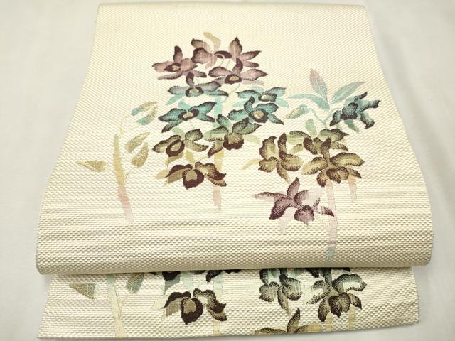 平和屋着物●本場筑前博多織 八寸名古屋帯 草花文 金糸 証紙付き 正絹 逸品 CAAT8387hy