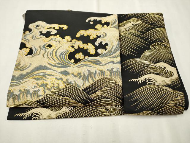 平和屋着物●創作 爪掻き本綴れ つけ帯 流水文 黒地 金糸 正絹 逸品 CAAT8388hy