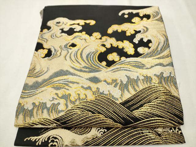 平和屋着物●創作 爪掻き本綴れ つけ帯 流水文 黒地 金糸 正絹 逸品 CAAT8388hy