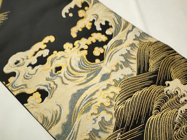 平和屋着物●創作 爪掻き本綴れ つけ帯 流水文 黒地 金糸 正絹 逸品 CAAT8388hy