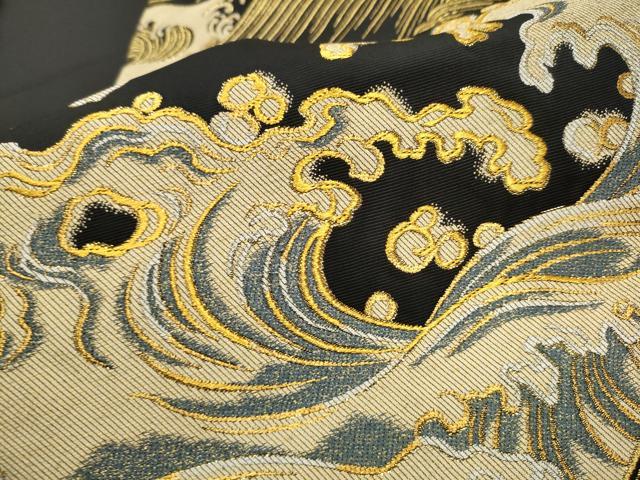 平和屋着物●創作 爪掻き本綴れ つけ帯 流水文 黒地 金糸 正絹 逸品 CAAT8388hy