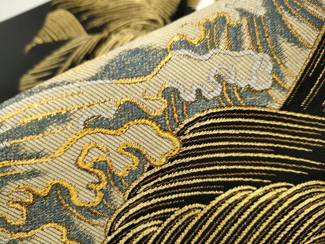 平和屋着物●創作 爪掻き本綴れ つけ帯 流水文 黒地 金糸 正絹 逸品 CAAT8388hy