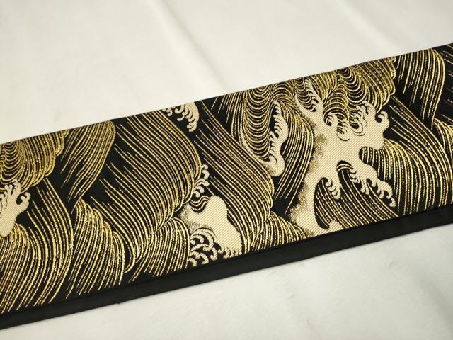 平和屋着物●創作 爪掻き本綴れ つけ帯 流水文 黒地 金糸 正絹 逸品 CAAT8388hy