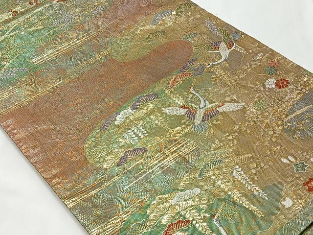 平和屋着物◎六通柄袋帯 エ霞飛鶴文 金糸 正絹 逸品 CAAT8762kb