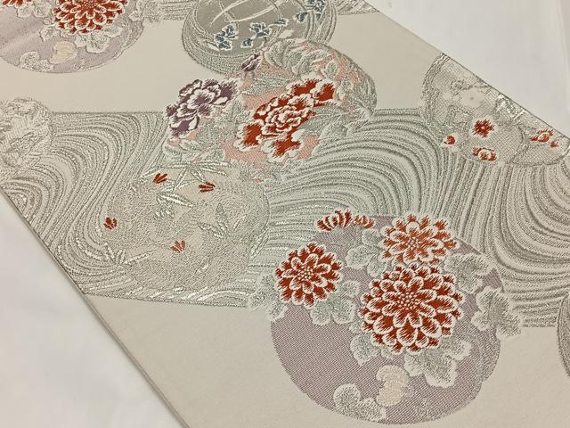 平和屋着物◎六通柄袋帯 流水花文 銀糸 正絹 逸品 CAAT8767kb