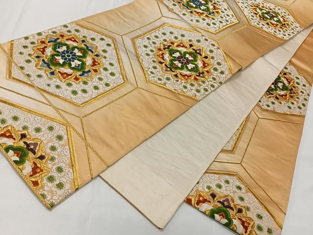 平和屋着物◎六通柄袋帯 唐織 亀甲花文 金糸 正絹 逸品 CAAT8781kb