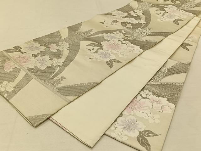 平和屋着物◎六通柄袋帯 唐織 九百錦 風景花文 プラチナ箔 正絹 逸品 CAAT8996qv