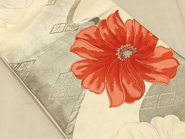 平和屋着物◎六通柄袋帯 唐織 流水草花文 銀糸 正絹 逸品 CAAT9041qv