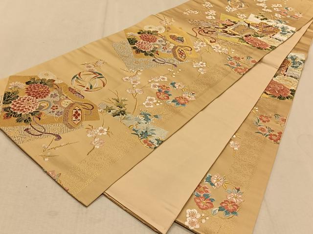 平和屋着物◎六通柄袋帯 唐織 御所車花文 金糸 正絹 逸品 CAAT9069qv