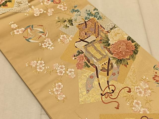 平和屋着物◎六通柄袋帯 唐織 御所車花文 金糸 正絹 逸品 CAAT9069qv