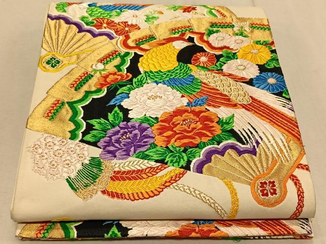 平和屋着物◎六通柄袋帯 唐織 檜扇花鳥文 金銀糸 正絹 逸品 CAAT9139qv