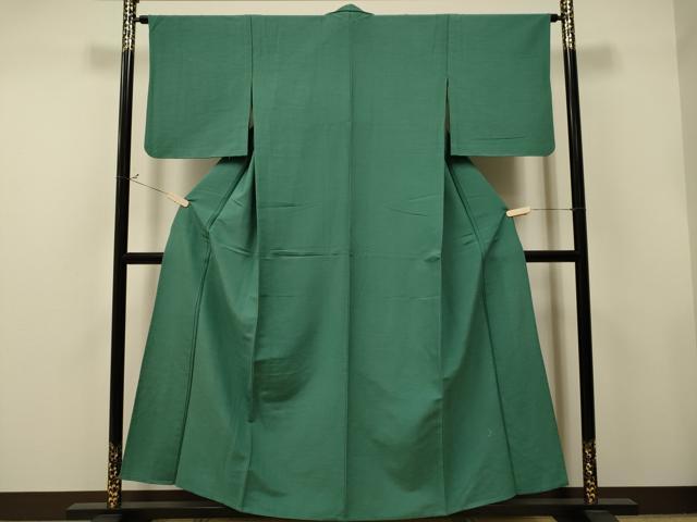 平和屋着物▽上質な色無地 単衣 お召縮緬 花緑青色 正絹 逸品 CAAT9214dy