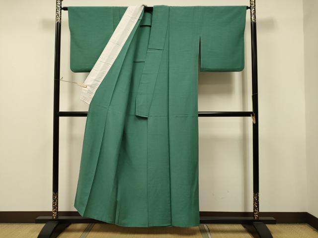 平和屋着物▽上質な色無地 単衣 お召縮緬 花緑青色 正絹 逸品 CAAT9214dy