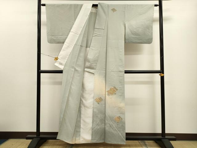 平和屋着物▽中国三大刺繍 スワトウ刺繍 訪問着 単衣 紬地 破れ色紙天井花文 金糸 正絹 逸品 CAAT9394dy