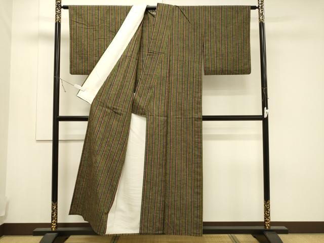 平和屋着物▽上質な紬 単衣 縞 正絹 逸品 CAAT9509dy