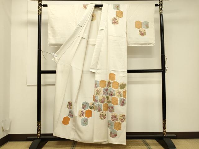 平和屋着物▽訪問着 単衣 亀甲草花文 金彩 正絹 逸品 未使用 CAAT9525dy