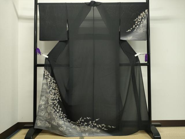 平和屋着物*夏物 訪問着 絽縮緬 立波萩文 暈し染め 黒地 金彩 正絹 逸品 CAAT9917gh