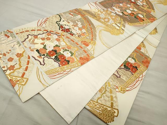 平和屋着物◎六通柄袋帯 唐織 緋扇貝重ね花文 金銀糸 正絹 逸品 CAAU0961yk