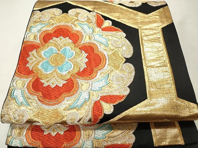 平和屋着物◎六通柄袋帯 唐織 正倉院花文 黒地 金銀糸 正絹 逸品 CAAU1009yk