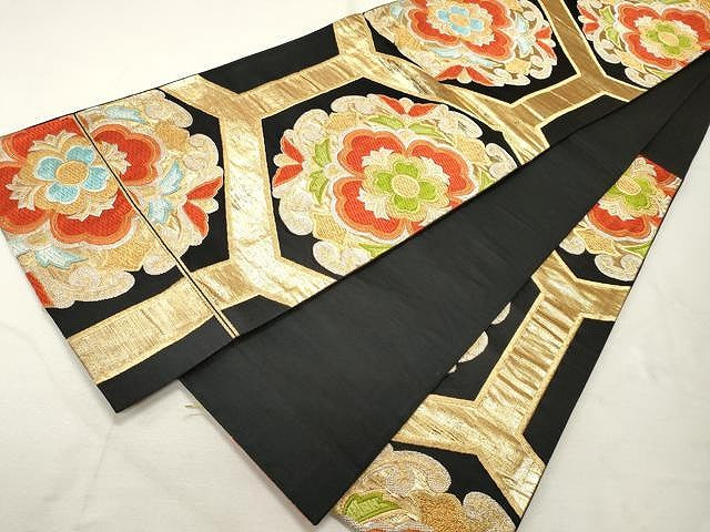 平和屋着物◎六通柄袋帯 唐織 正倉院花文 黒地 金銀糸 正絹 逸品 CAAU1009yk