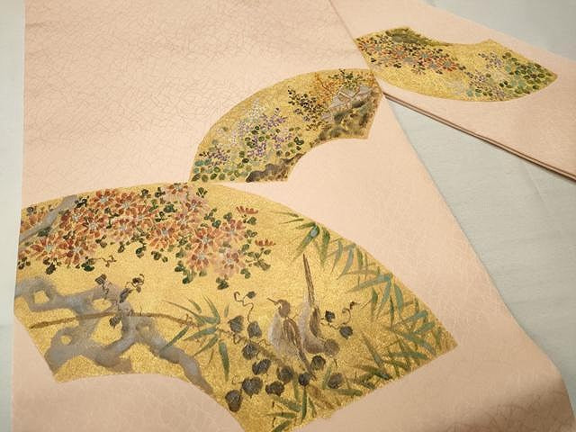 平和屋着物●九寸名古屋帯 手描き 雀 地紙花文 金彩 正絹 逸品 CAAU1039yk