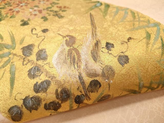 平和屋着物●九寸名古屋帯 手描き 雀 地紙花文 金彩 正絹 逸品 CAAU1039yk