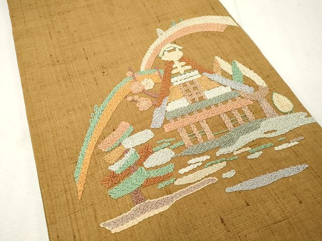 平和屋着物●太鼓柄袋帯 紬地 総刺繍 風景花文 正絹 逸品 CAAU1100yk