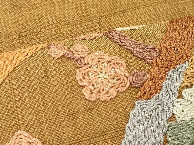 平和屋着物●太鼓柄袋帯 紬地 総刺繍 風景花文 正絹 逸品 CAAU1100yk