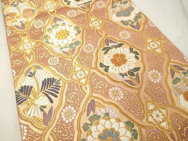 平和屋着物●六通柄袋帯 唐織 頌寿錦 更紗花文 金糸 正絹 逸品 CAAU1143yk