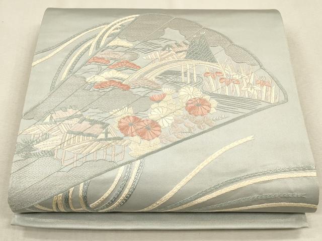 平和屋着物◎太鼓柄袋帯 総刺繍 檜扇花文 銀糸 正絹 逸品 CAAU1263ft
