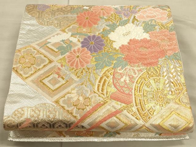平和屋着物◎六通柄袋帯 幾何学間道 金糸 正絹 逸品 CAAU1347ft
