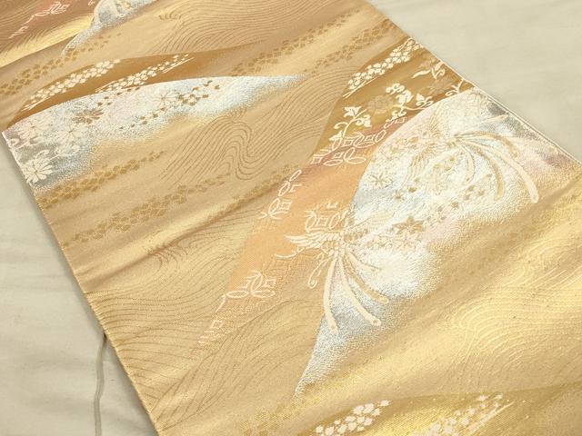 平和屋着物◎六通柄袋帯 尾長鳥遠山花文 金銀糸 正絹 逸品 CAAU1380ft