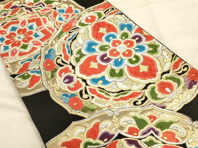 平和屋着物◎六通柄袋帯 唐織 鏡裏花文 黒地 金銀糸 正絹 逸品 CAAU1396ft