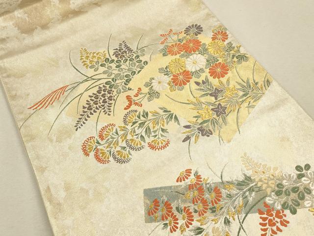 平和屋着物◎太鼓柄袋帯 色紙草花文 金糸 引箔 正絹 逸品 CAAU1457ft