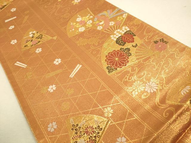平和屋着物◎全通柄袋帯扇面花鳥文 金糸 正絹 逸品 CAAU1483ft